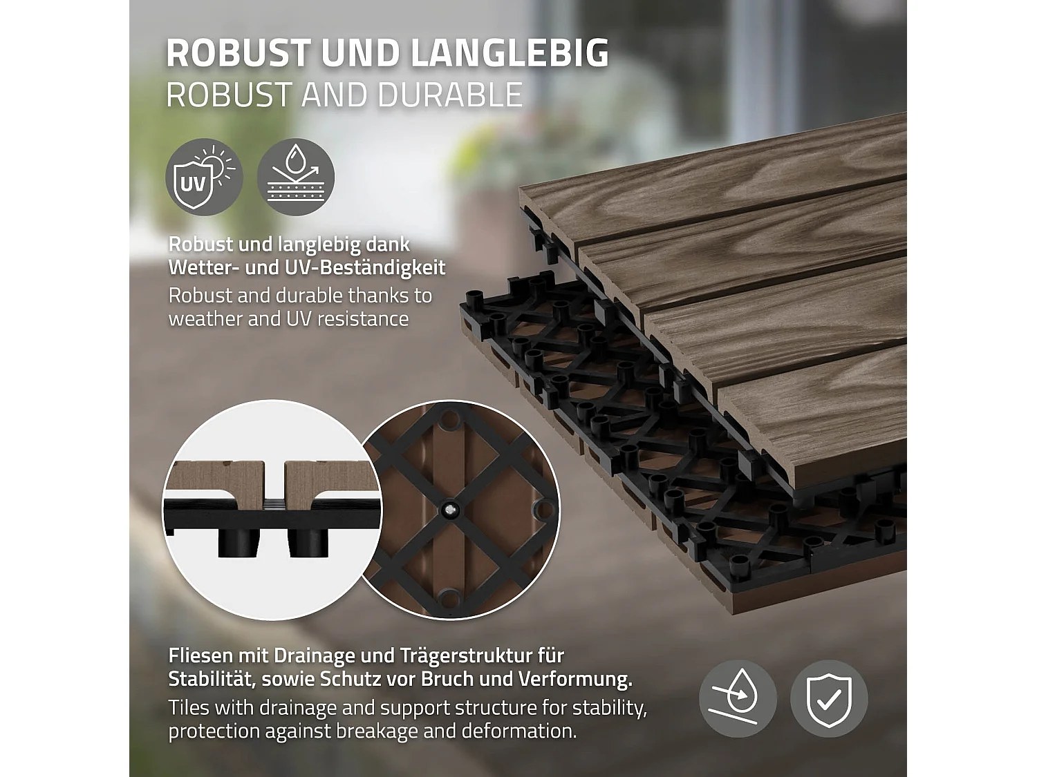 ECD Germany Piastrelle per terrazze wpc 30x30 cm marrone scuro set 55 pz 5 m² effetto legno con drenaggio clic per balconi giardini pavimenti esterni