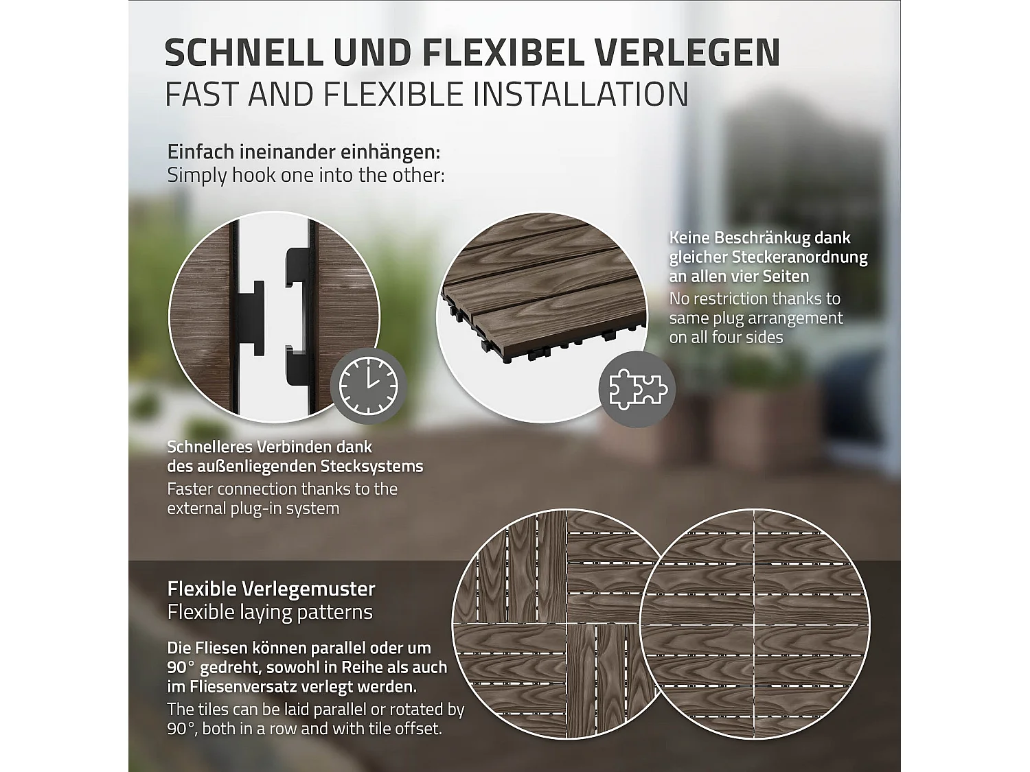 ECD Germany Piastrelle per terrazze wpc 30x30 cm marrone scuro set 55 pz 5 m² effetto legno con drenaggio clic per balconi giardini pavimenti esterni
