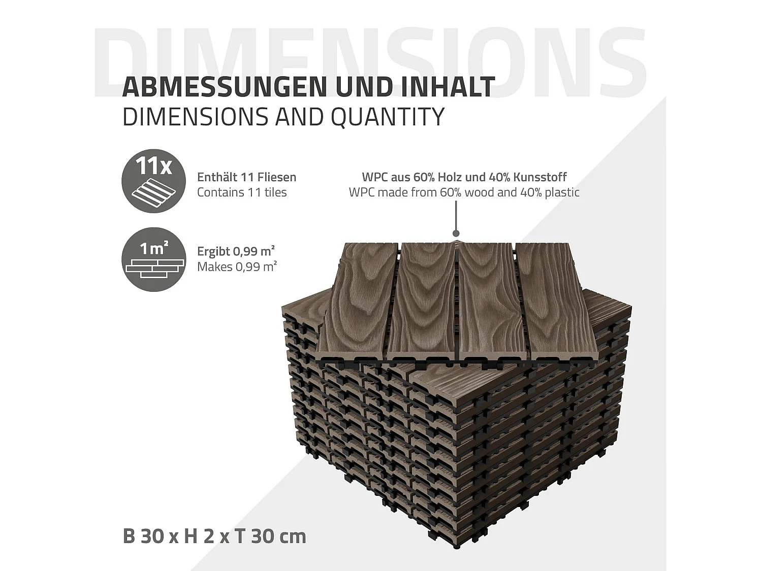 ECD Germany Piastrelle per terrazze wpc 30x30 cm marrone scuro set 55 pz 5 m² effetto legno con drenaggio clic per balconi giardini pavimenti esterni