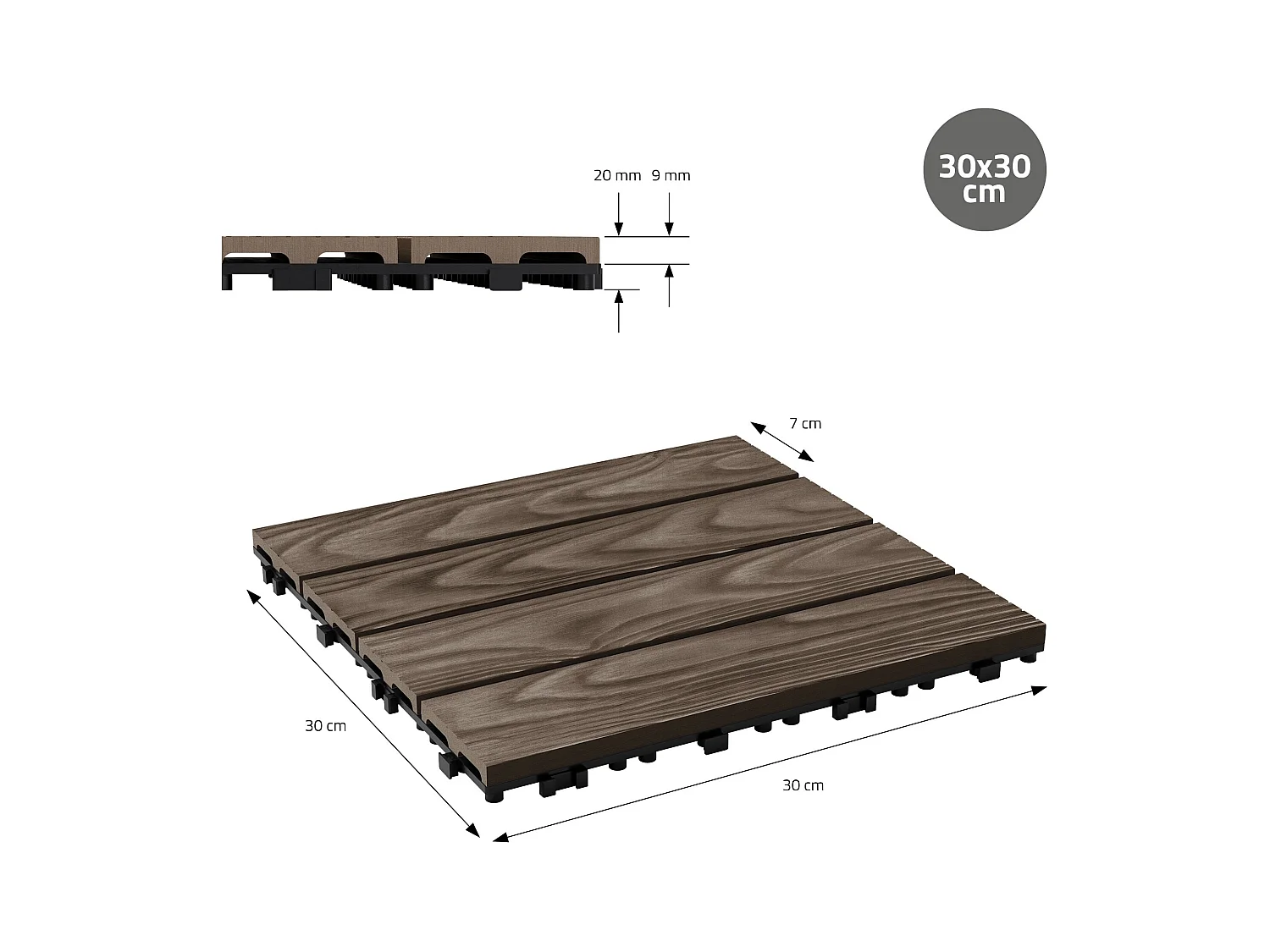 Dalles de terrasse WPC 30x30cm 11 pièces 1m² marron foncé aspect bois système clipsable drainage antidérapant intérieur extérieur revêtement de sol