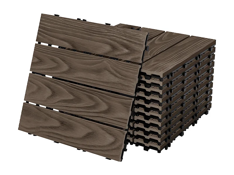 Dalles de terrasse WPC 30x30cm 33 pièces 3m² marron foncé aspect bois système clipsable drainage antidérapant intérieur extérieur revêtement de sol