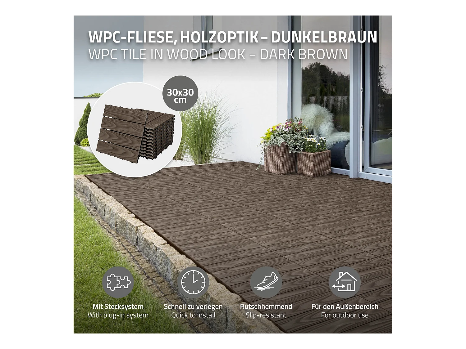 Dalles de terrasse WPC 30x30cm 33 pièces 3m² marron foncé aspect bois système clipsable drainage antidérapant intérieur extérieur revêtement de sol