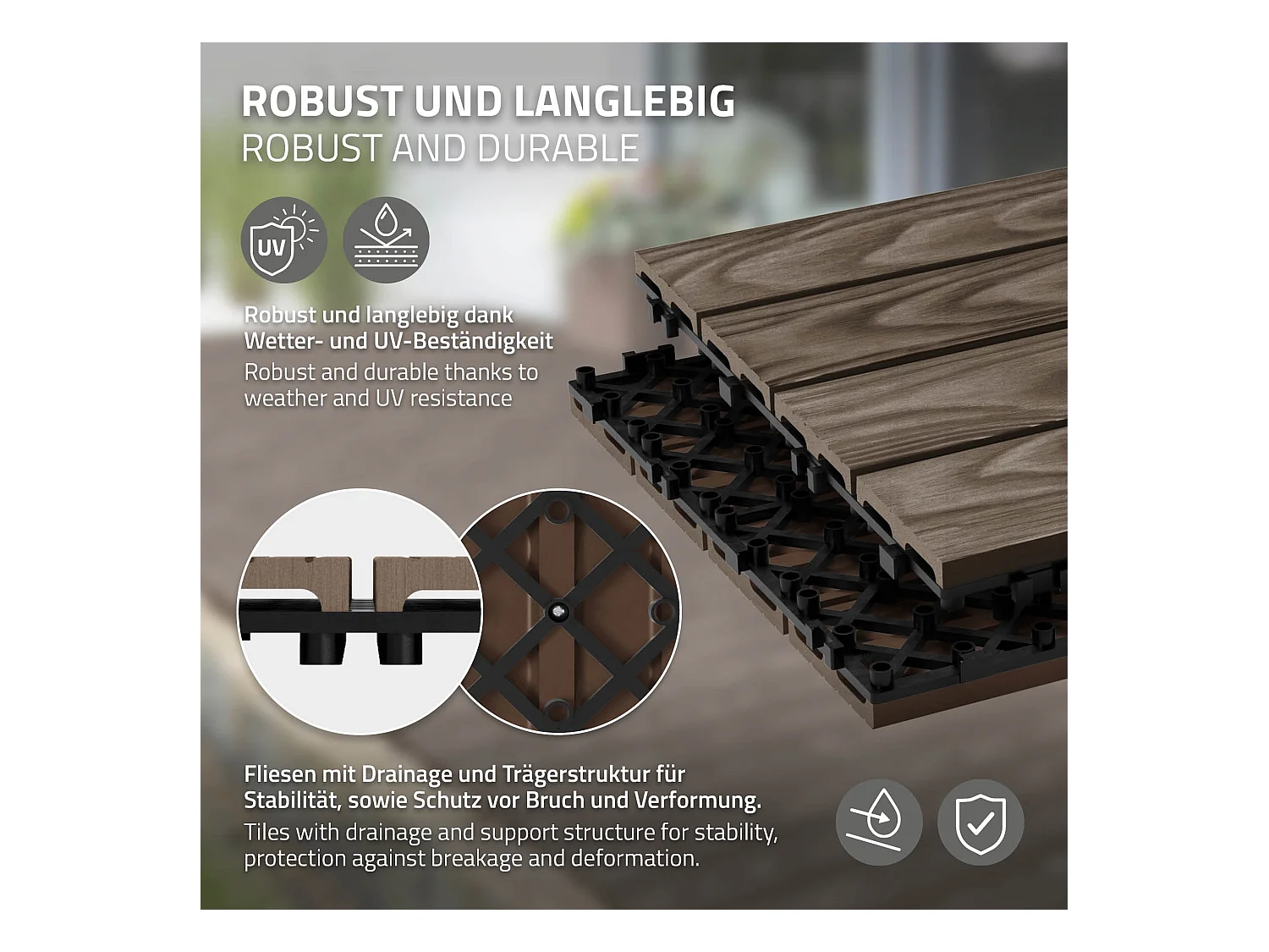 Dalles de terrasse WPC 30x30cm 33 pièces 3m² marron foncé aspect bois système clipsable drainage antidérapant intérieur extérieur revêtement de sol