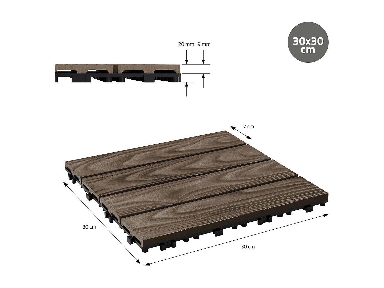 Dalles de terrasse WPC 30x30cm 33 pièces 3m² marron foncé aspect bois système clipsable drainage antidérapant intérieur extérieur revêtement de sol