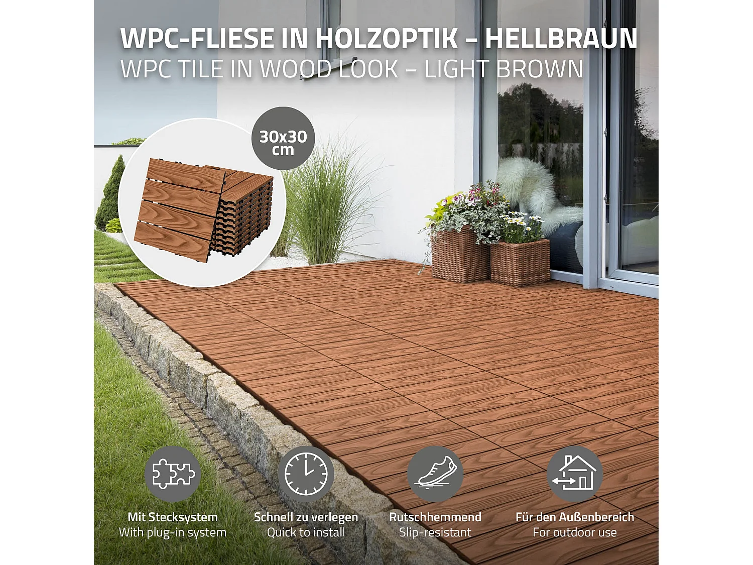 Dalles de terrasse WPC 30x30cm 11 pièces 1m² marron clair aspect bois système clipsable drainage antidérapant intérieur extérieur revêtement de sol