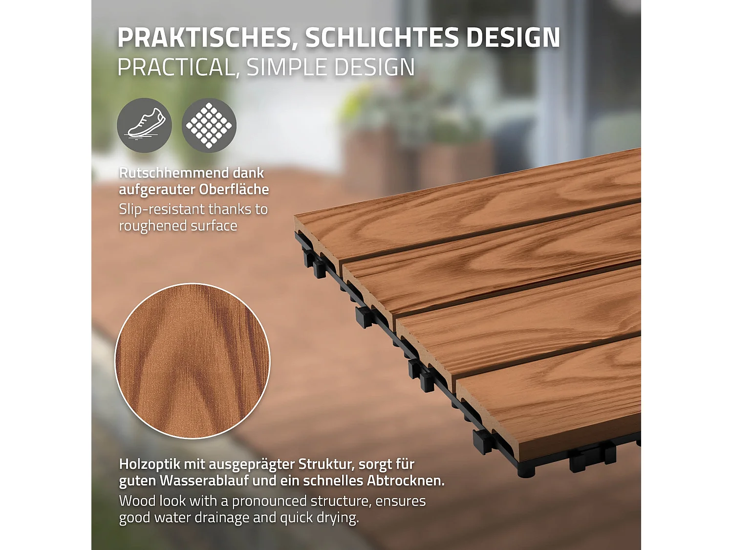 Dalles de terrasse WPC 30x30cm 11 pièces 1m² marron clair aspect bois système clipsable drainage antidérapant intérieur extérieur revêtement de sol