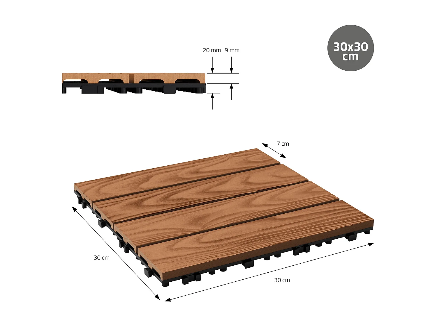 Dalles de terrasse WPC 30x30cm 11 pièces 1m² marron clair aspect bois système clipsable drainage antidérapant intérieur extérieur revêtement de sol