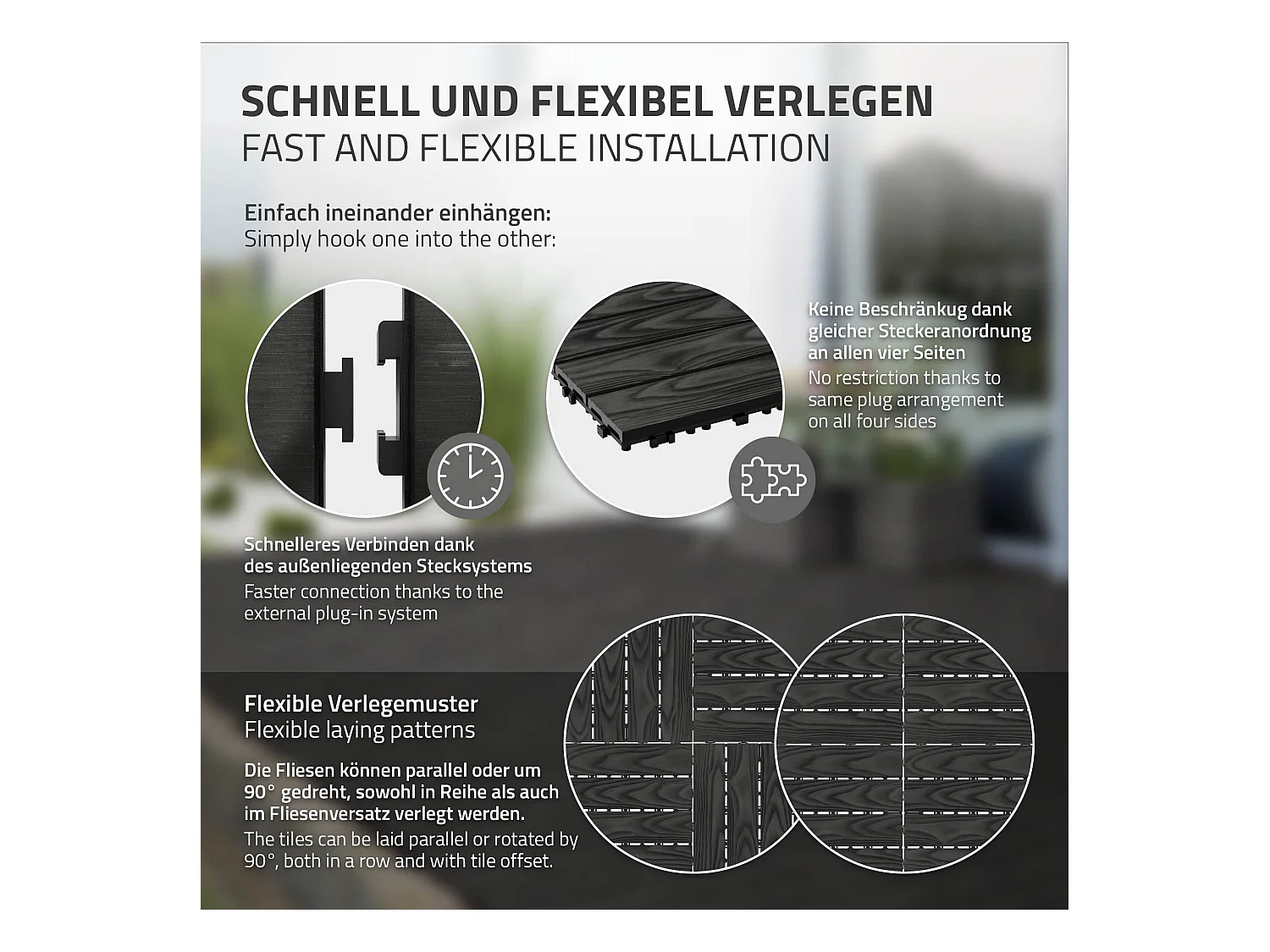 Dalles de terrasse WPC 30x30cm 55 pièces 5m² anthracite aspect bois avec système clipsable drainage antidérapant intérieur extérieur revêtement de sol