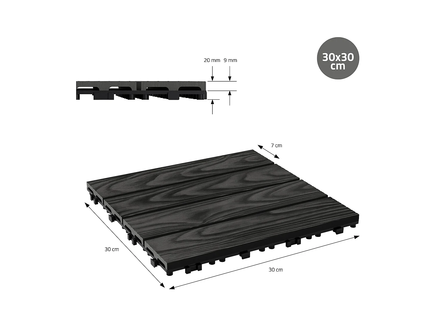 Dalles de terrasse WPC 30x30cm 55 pièces 5m² anthracite aspect bois avec système clipsable drainage antidérapant intérieur extérieur revêtement de sol
