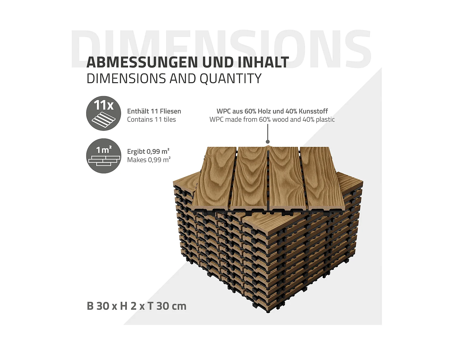 Dalles de terrasse WPC 30x30cm 55 pièces 5m² teck aspect bois avec système clipsable et drainage antidérapant intérieur extérieur revêtement de sol