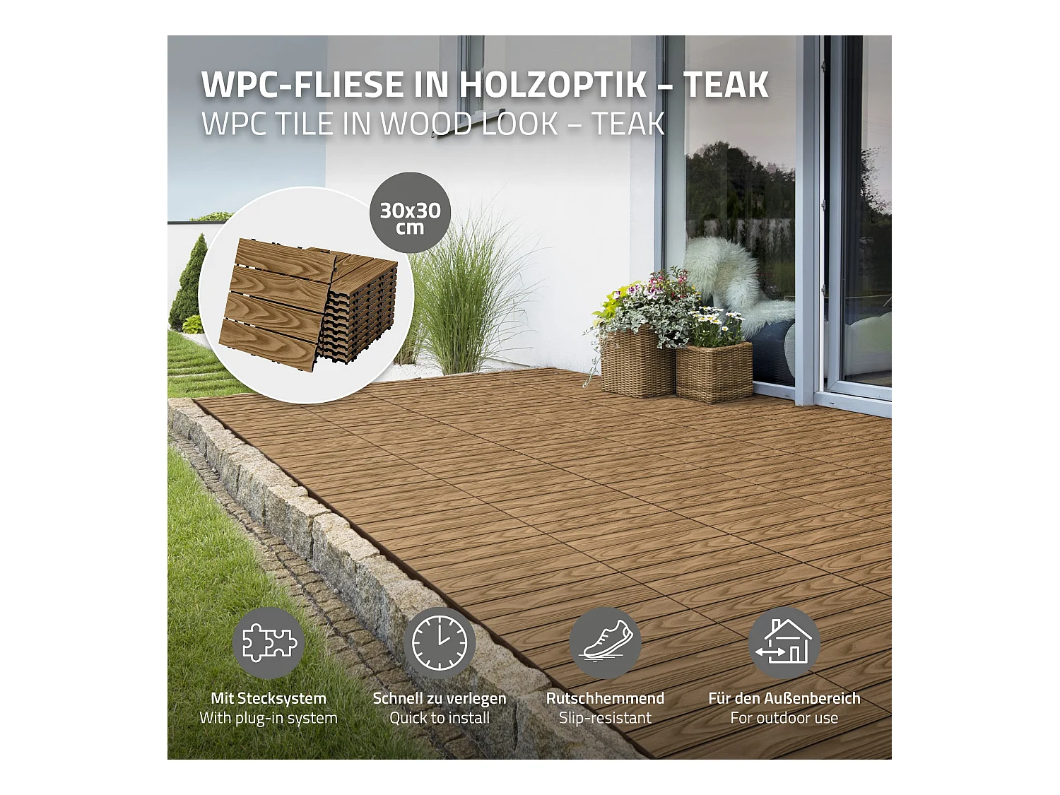 Dalles de terrasse WPC 30x30cm 33 pièces 3m² teck aspect bois avec système clipsable et drainage antidérapant intérieur extérieur revêtement de sol