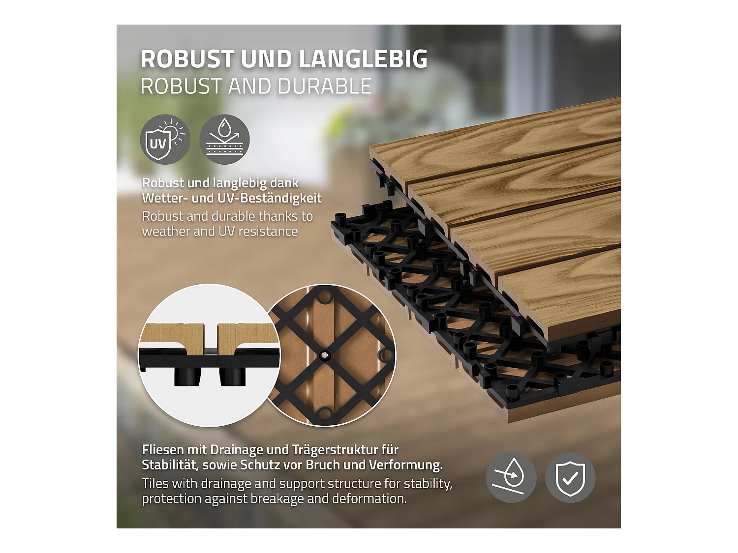 Dalles de terrasse WPC 30x30cm 33 pièces 3m² teck aspect bois avec système clipsable et drainage antidérapant intérieur extérieur revêtement de sol