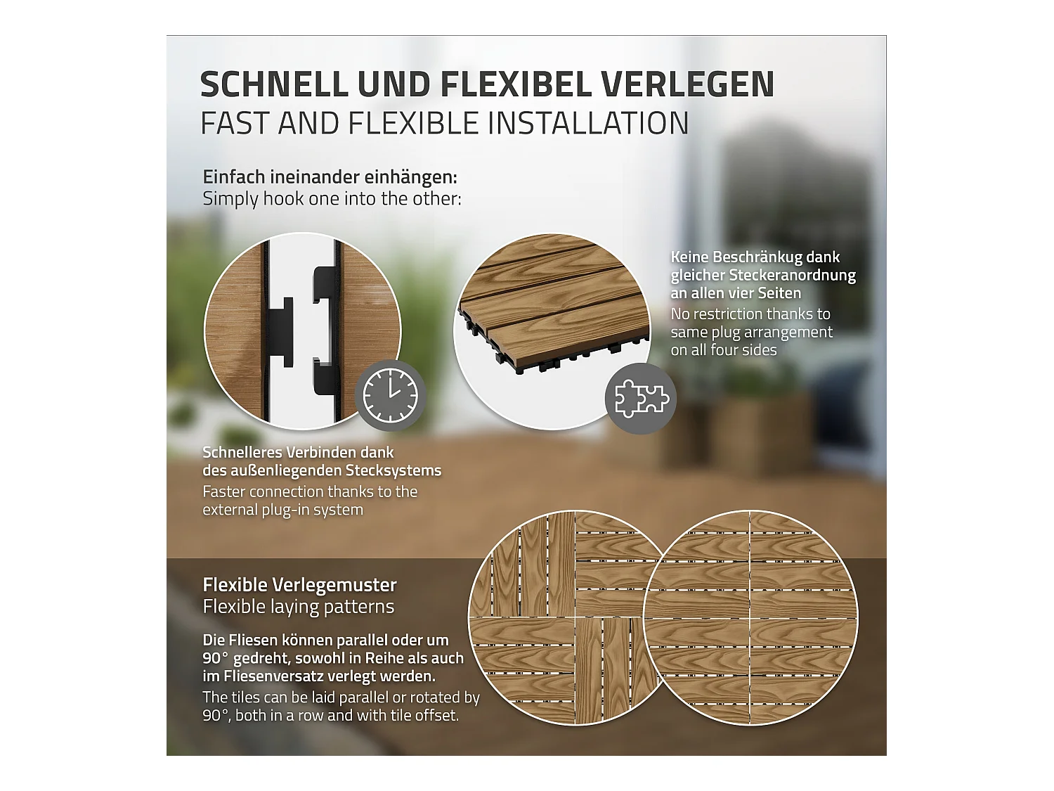 Dalles de terrasse WPC 30x30cm 33 pièces 3m² teck aspect bois avec système clipsable et drainage antidérapant intérieur extérieur revêtement de sol