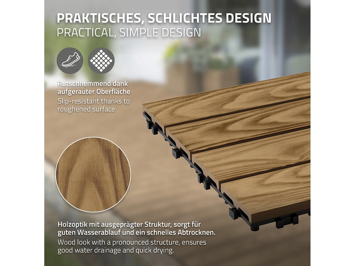 ECD Germany Piastrelle per terrazze wpc 30x30cm teak set 33 pezzi 3m² effetto legno con drenaggio sistema clic per balconi giardini pavimenti esterni