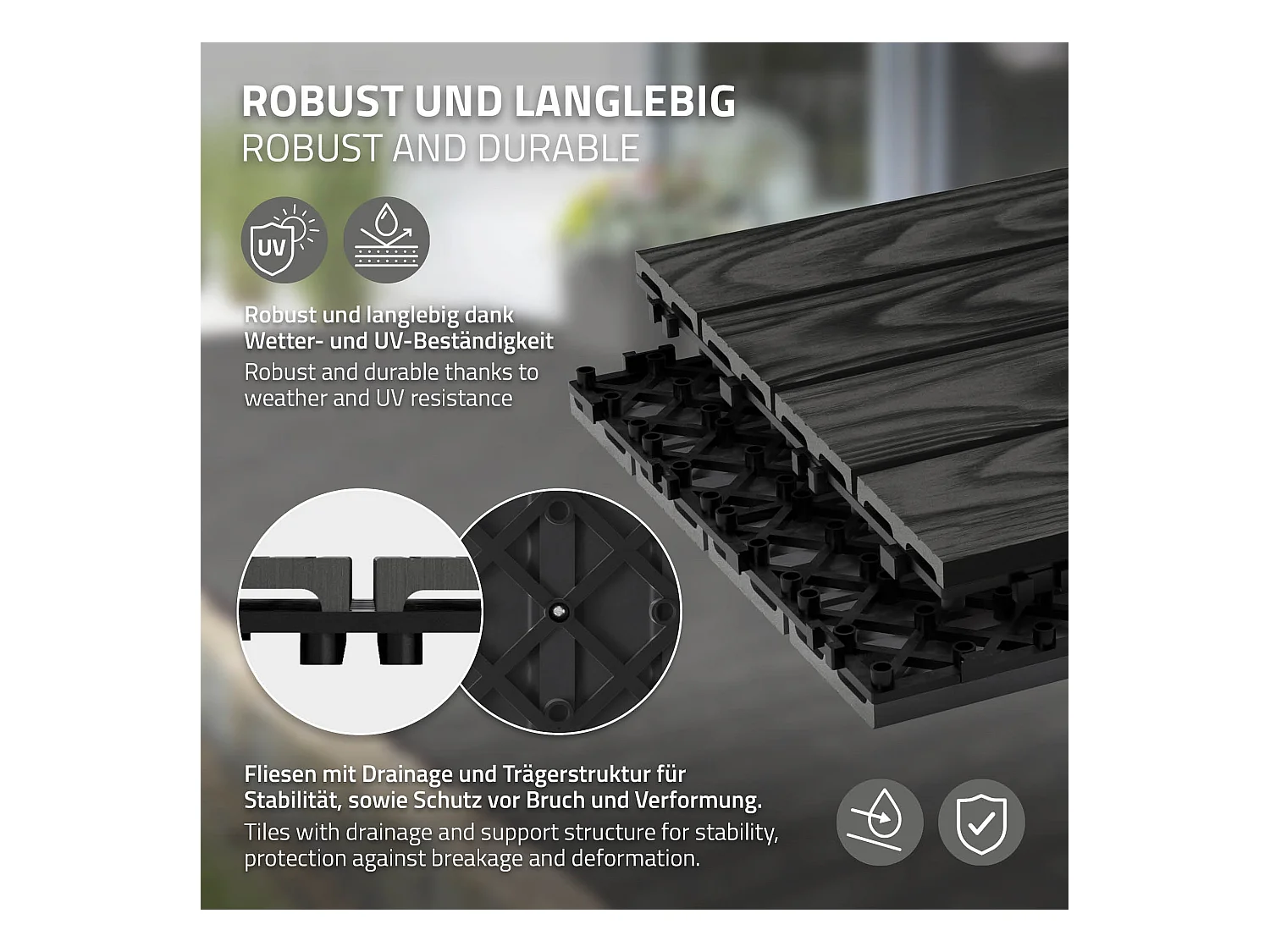 Dalles de terrasse WPC 30x30cm 11 pièces 1m² anthracite aspect bois avec système clipsable drainage antidérapant intérieur extérieur revêtement de sol