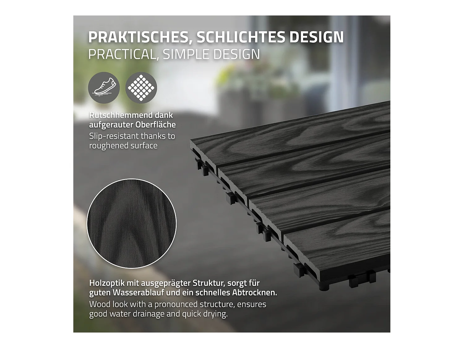 Dalles de terrasse WPC 30x30cm 11 pièces 1m² anthracite aspect bois avec système clipsable drainage antidérapant intérieur extérieur revêtement de sol