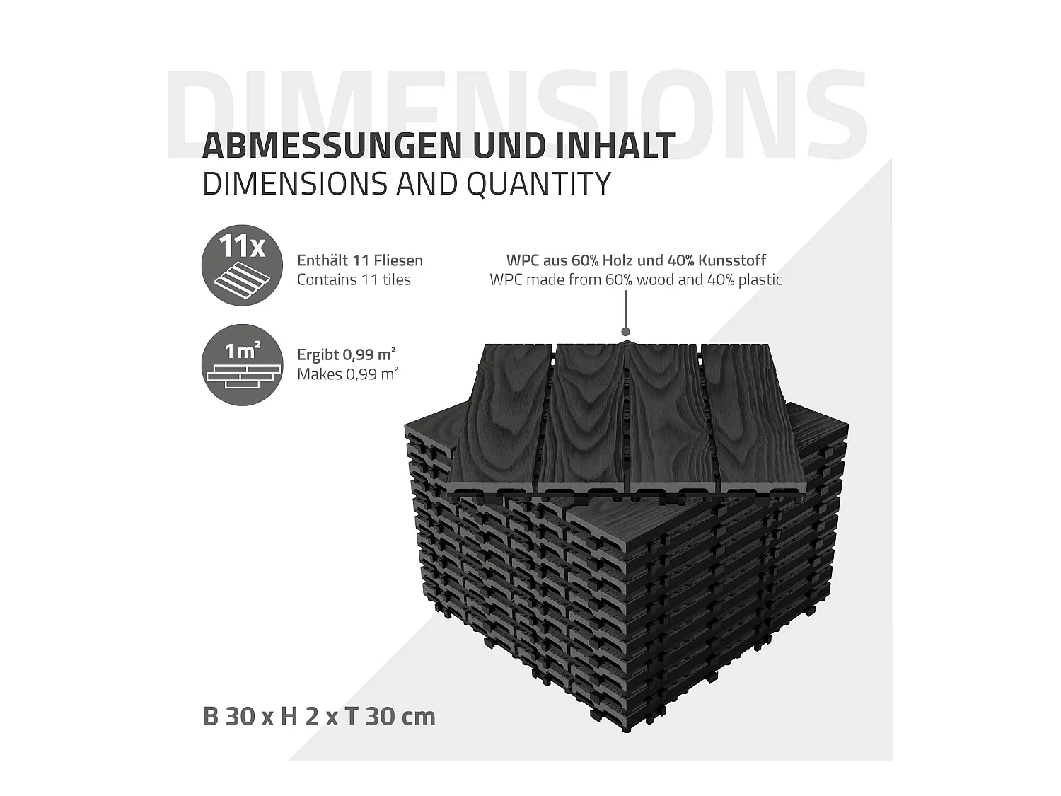 Dalles de terrasse WPC 30x30cm 11 pièces 1m² anthracite aspect bois avec système clipsable drainage antidérapant intérieur extérieur revêtement de sol