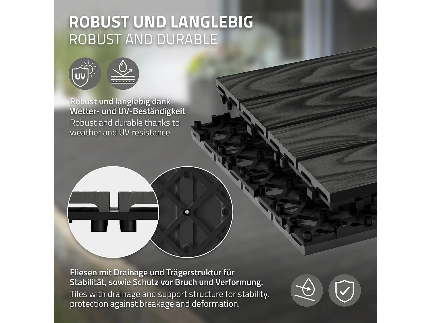 ECD Germany Baldosas para exterior de WPC antracita 30x30cm efecto madera 11 piezas para 1m² con sistema clic, losas para terraza, balcón o patio