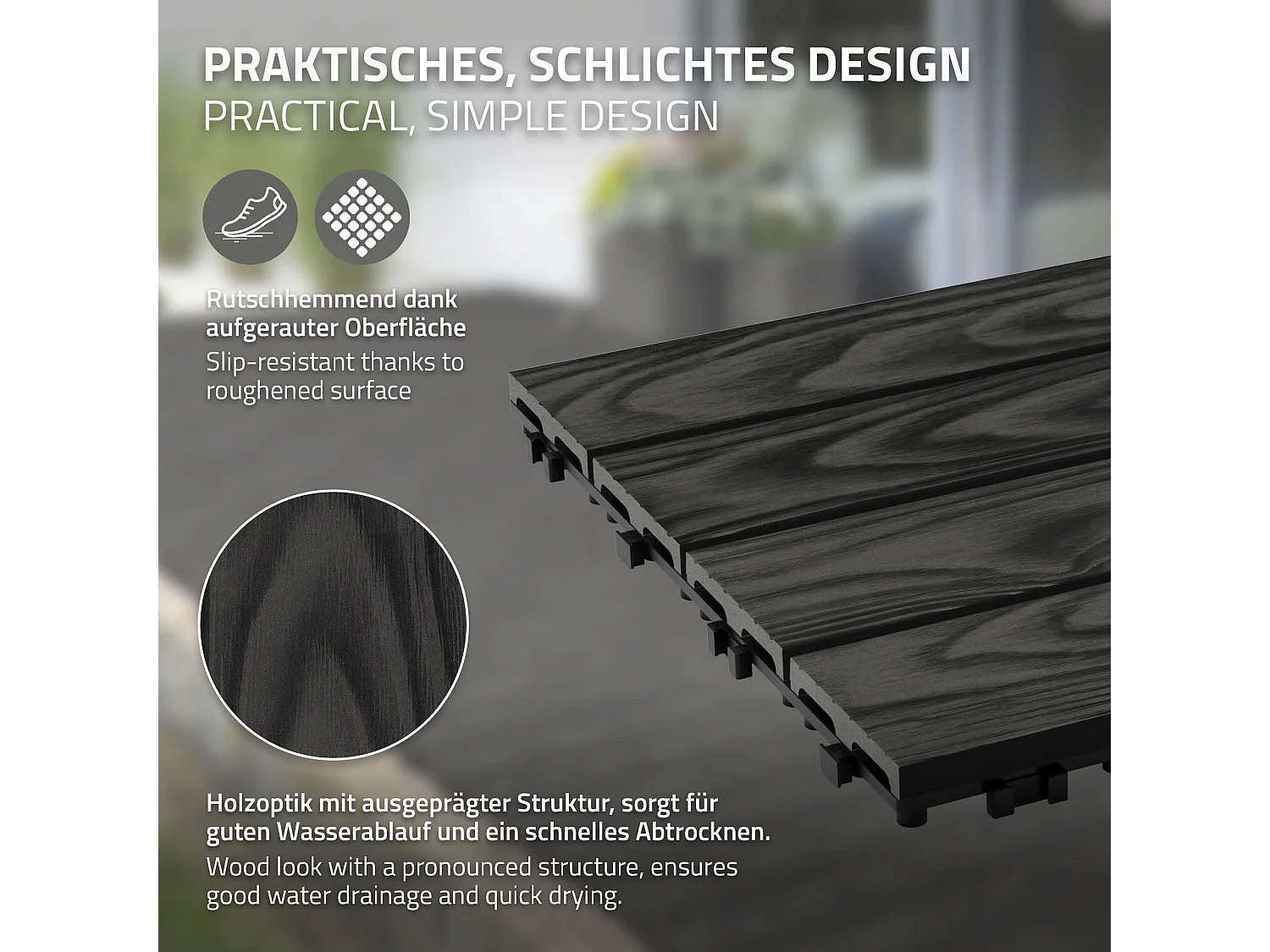 ECD Germany Baldosas para exterior de WPC antracita 30x30cm efecto madera 11 piezas para 1m² con sistema clic, losas para terraza, balcón o patio