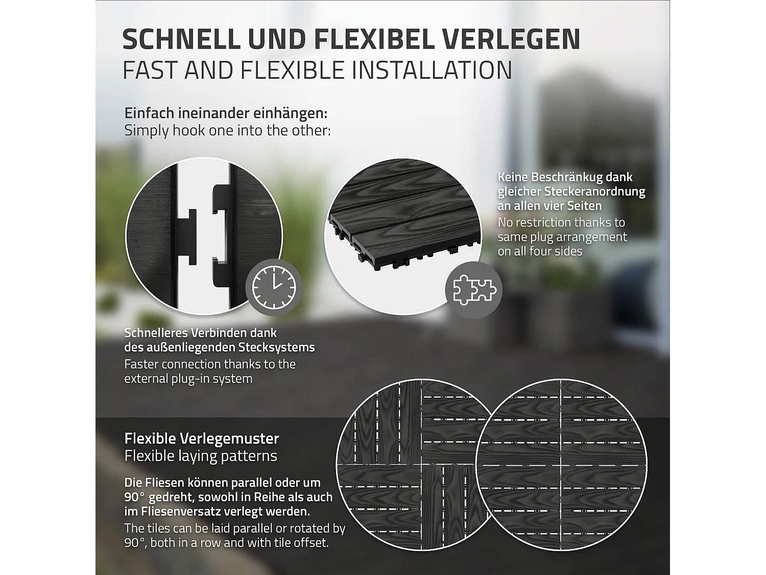 ECD Germany Baldosas para exterior de WPC antracita 30x30cm efecto madera 11 piezas para 1m² con sistema clic, losas para terraza, balcón o patio
