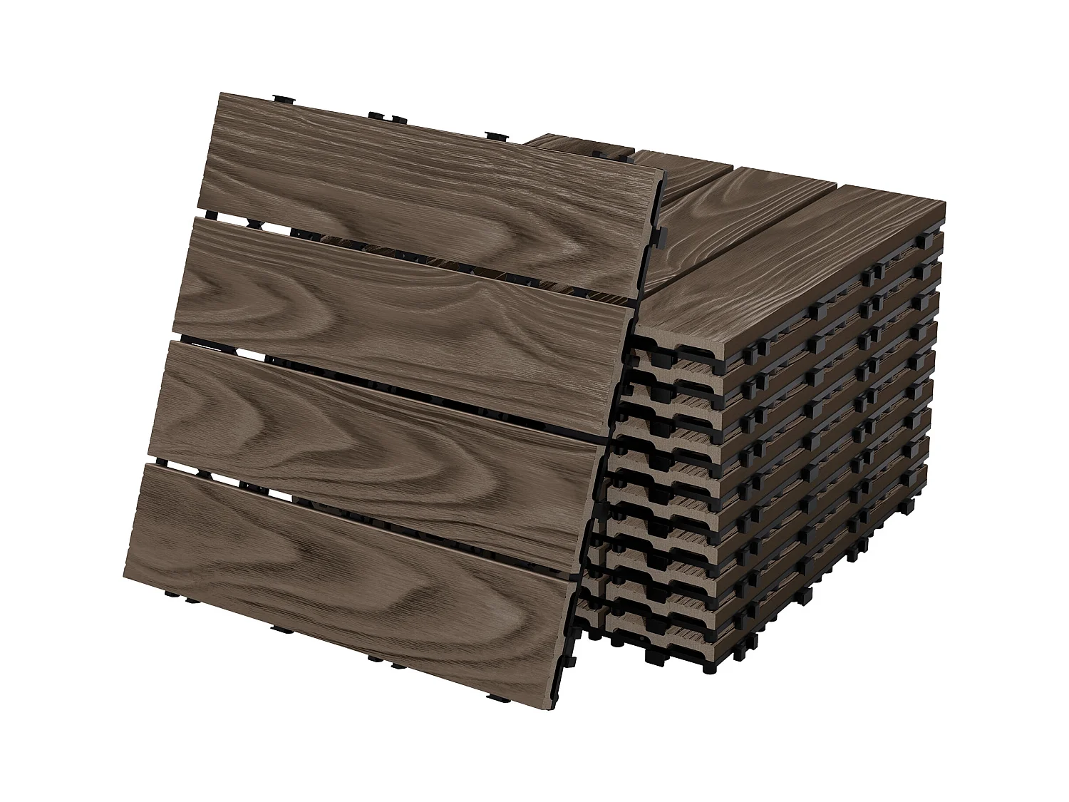 Dalles de terrasse WPC 30x30cm 44 pièces 4m² marron foncé aspect bois système clipsable drainage antidérapant intérieur extérieur revêtement de sol