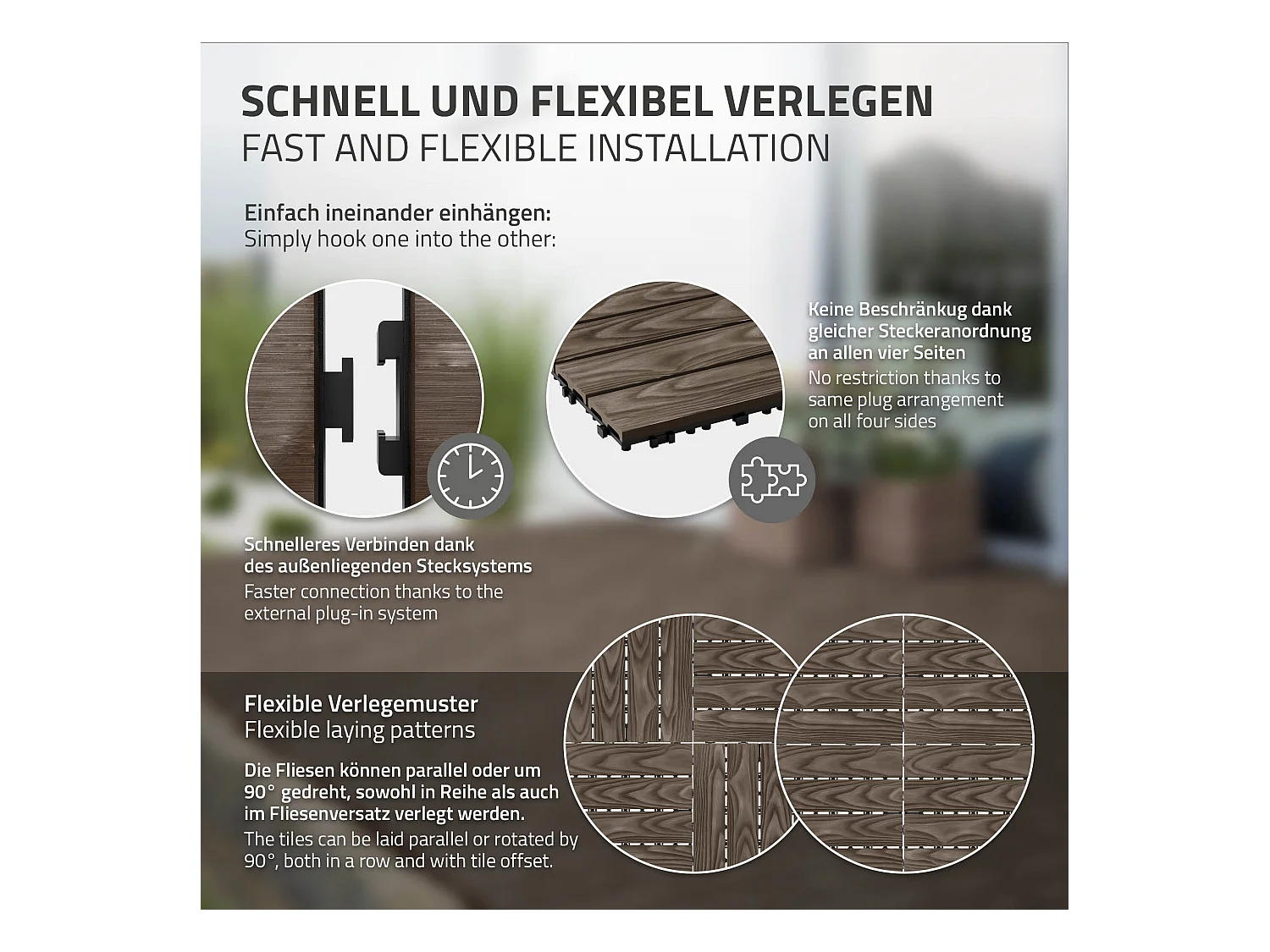 Dalles de terrasse WPC 30x30cm 44 pièces 4m² marron foncé aspect bois système clipsable drainage antidérapant intérieur extérieur revêtement de sol