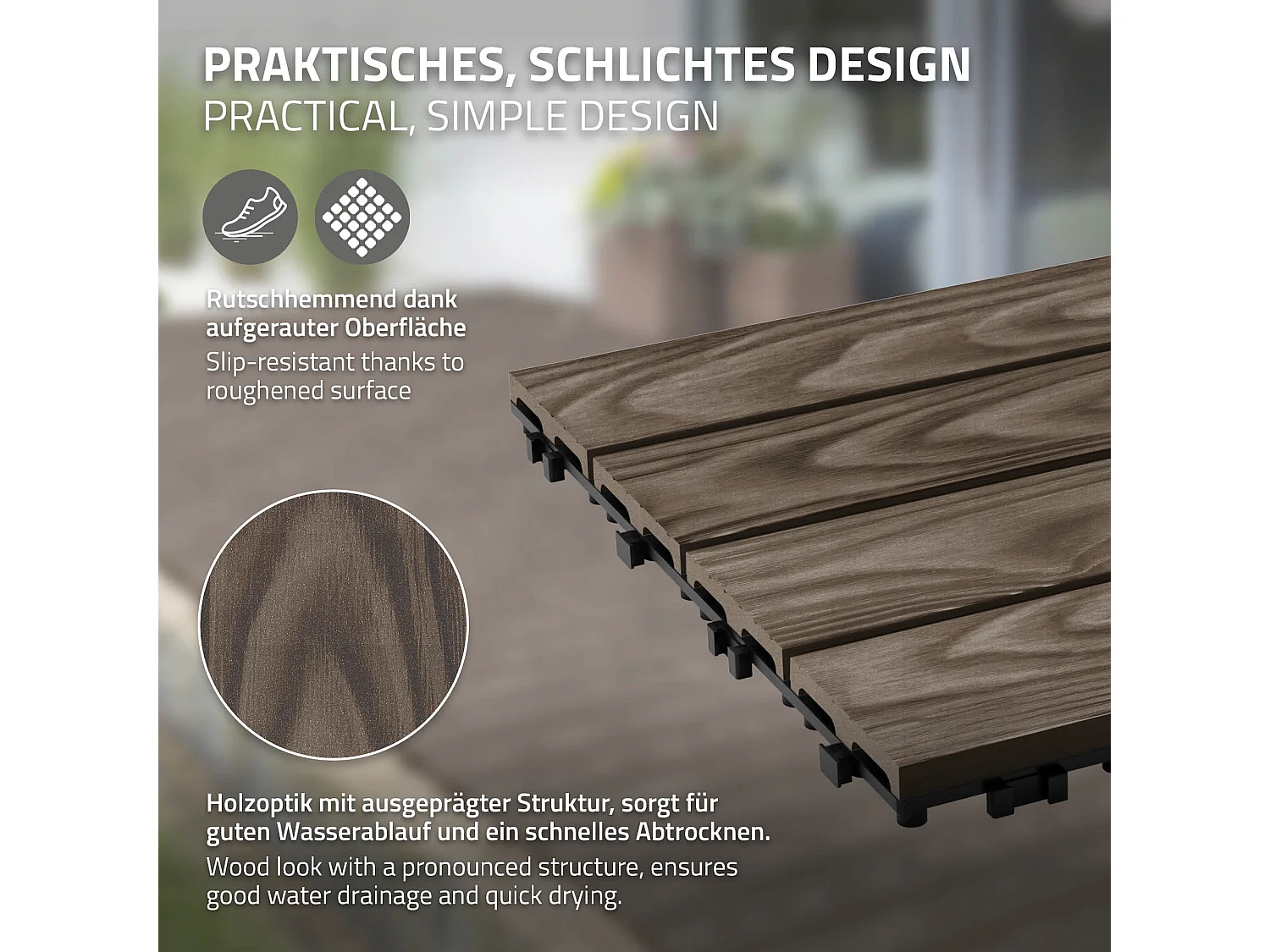 ECD Germany Baldosas para exterior de WPC marrón oscuro 30x30cm efecto madera 44 Piezas para 4m² con sistema clic, losas para terraza, balcón o patio
