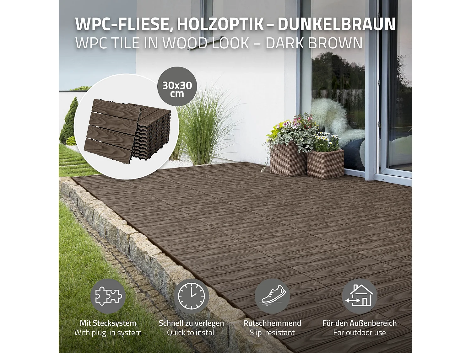 ECD Germany Baldosas para exterior de WPC marrón oscuro 30x30cm efecto madera 22 Piezas para 2m² con sistema clic, losas para terraza, balcón o patio