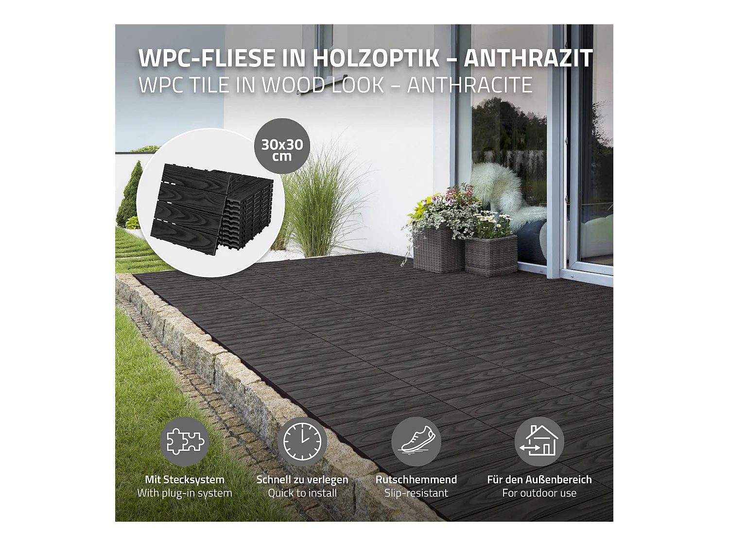 Dalles de terrasse WPC 30x30cm 33 pièces 3m² anthracite aspect bois avec système clipsable drainage antidérapant intérieur extérieur revêtement de sol