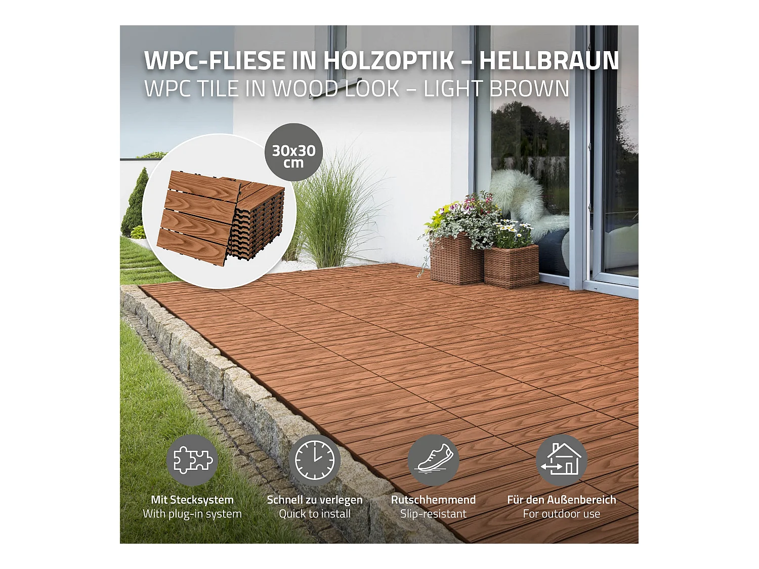 ECD Germany Baldosas para exterior de WPC marrón claro 30x30cm efecto madera 33 Piezas para 3m² con sistema clic, losas para terraza, balcón o patio