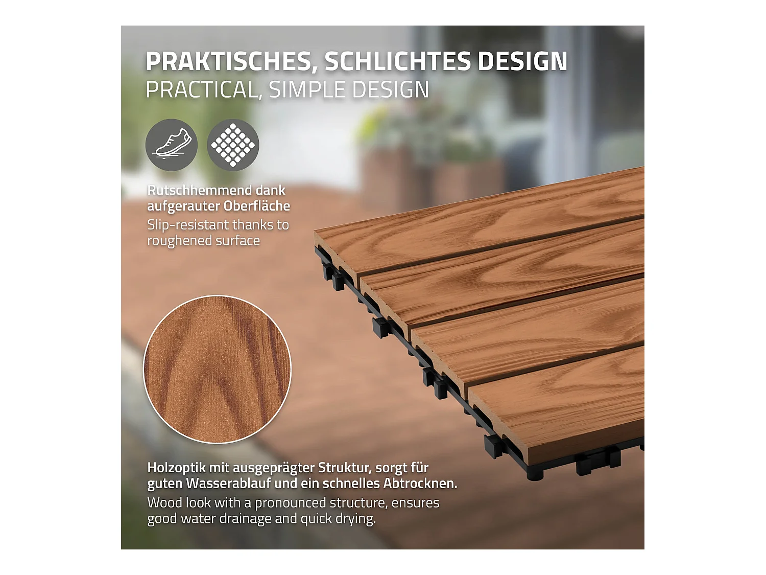 ECD Germany Baldosas para exterior de WPC marrón claro 30x30cm efecto madera 33 Piezas para 3m² con sistema clic, losas para terraza, balcón o patio