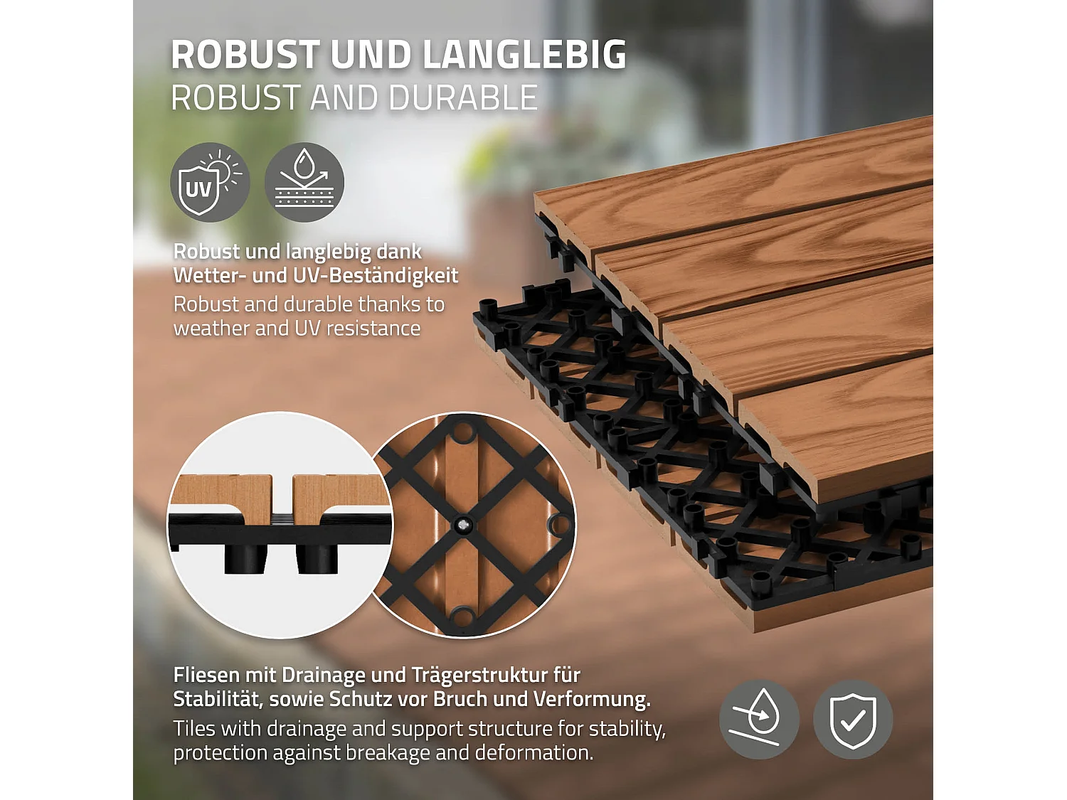 ECD Germany Piastrelle per terrazze wpc 30x30 cm marrone chiaro set 33 pz 3 m² effetto legno con drenaggio clic per balconi giardini pavimenti esterni