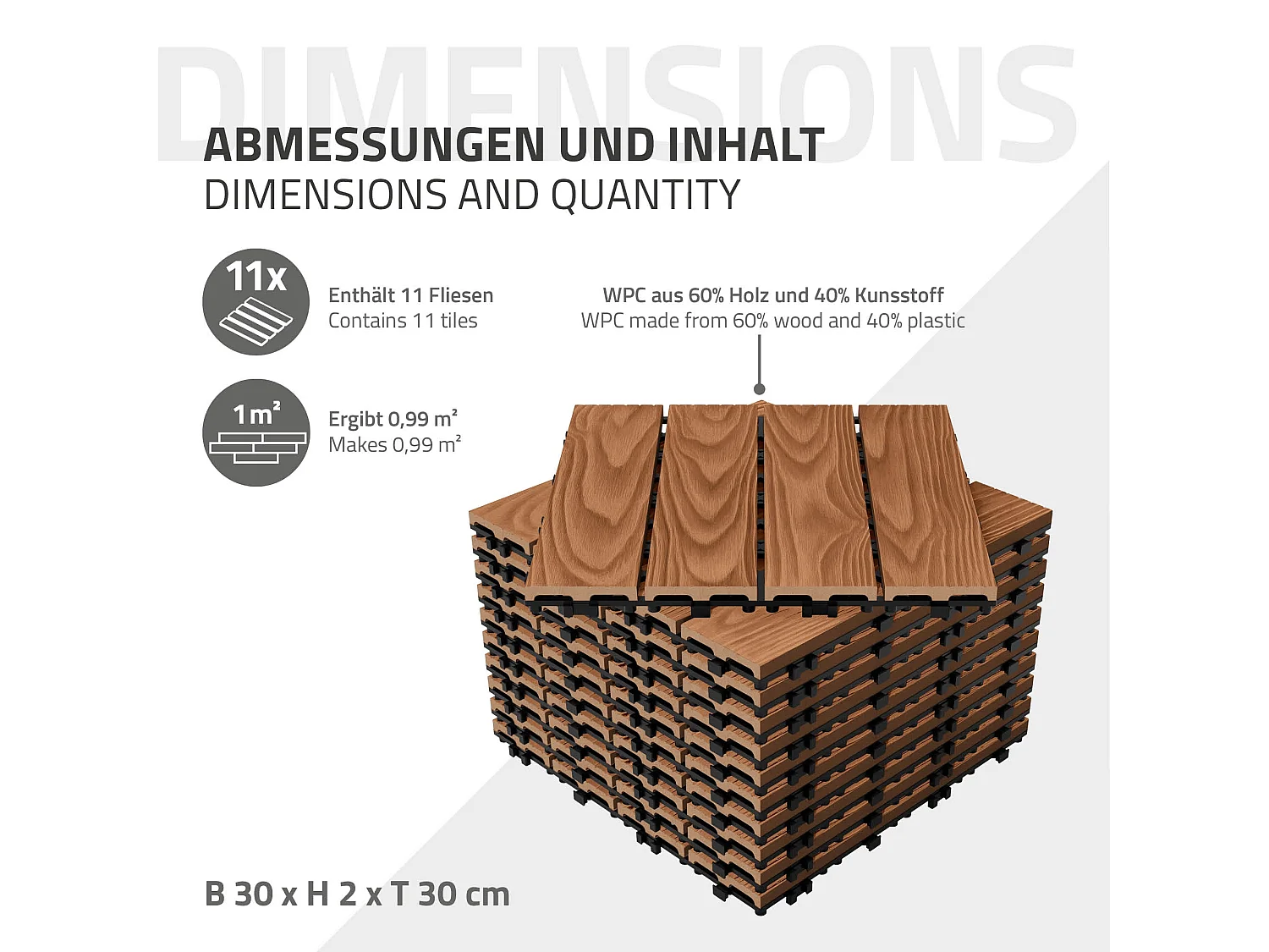 ECD Germany Piastrelle per terrazze wpc 30x30 cm marrone chiaro set 22 pz 2 m² effetto legno con drenaggio clic per balconi giardini pavimenti esterni