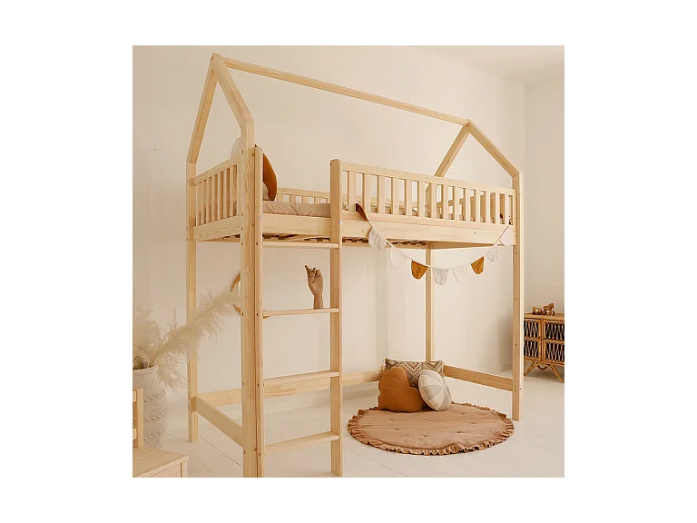 Lit cabane mi-hauteur 90x200 sommier inclus Daisy Bois