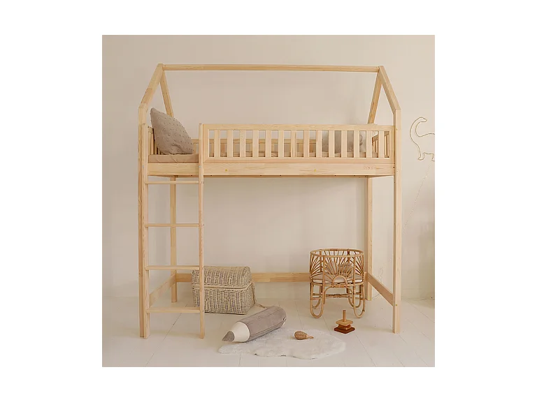 Lit cabane mi-hauteur 90x190 sommier inclus Daisy Bois