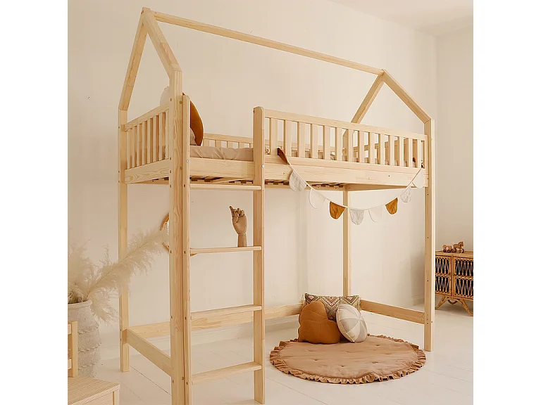 Lit cabane mi-hauteur 90x190 sommier inclus Daisy Bois