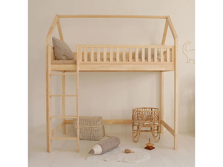 Lit cabane mi-hauteur 90x190 sommier inclus Daisy Bois