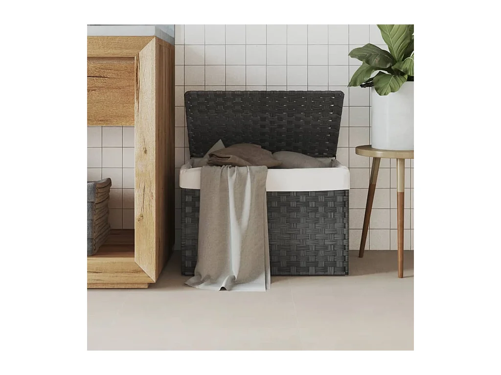 Grijze Wasmand van Gevlochten Hars 55,5x35x34 cm met Deksel en Verwijderbare Zak