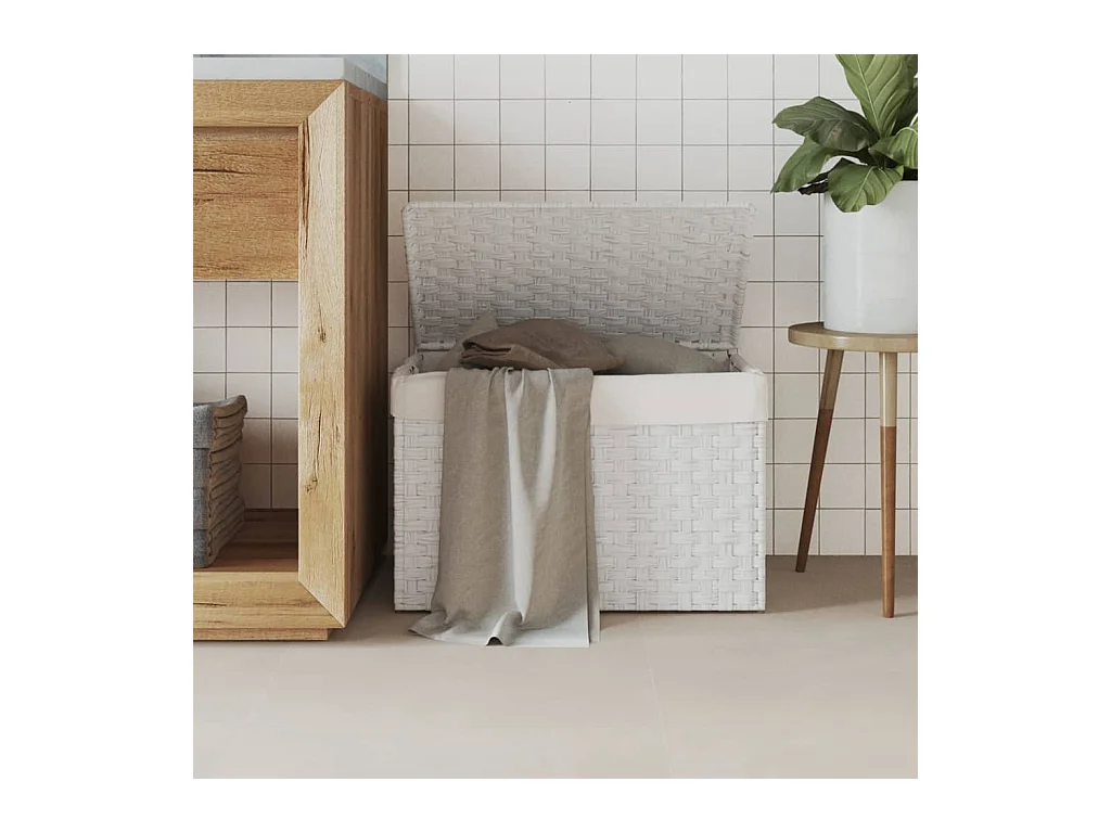 Cesto de Roupa Branco em Resina Trançada 55,5x35x34cm com Tampa e Saco Interior Removível