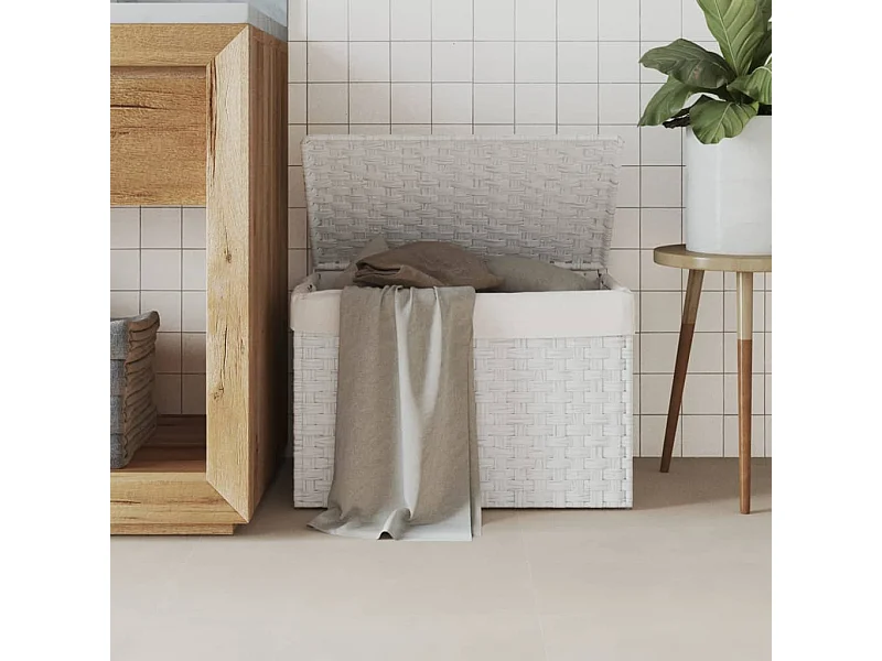 Cesto de Roupa Branco em Resina Trançada 55,5x35x34cm com Tampa e Saco Interior Removível