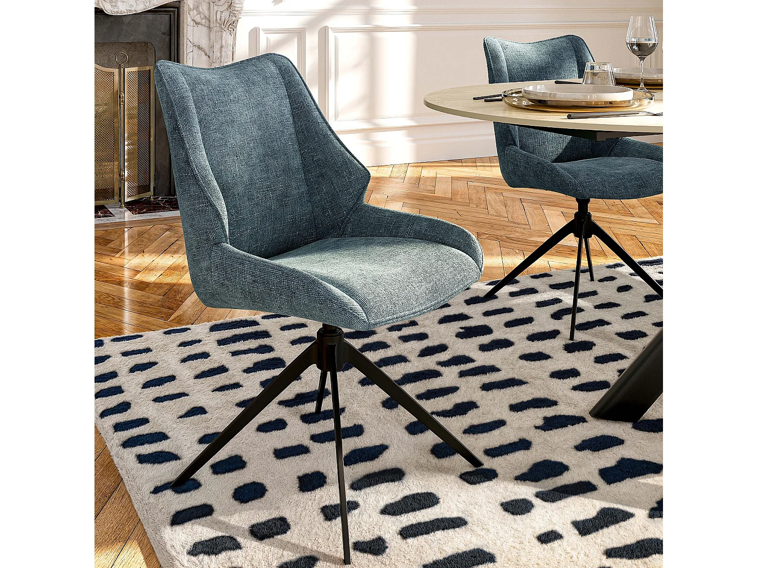 Lot de 2 chaises pivotantes en tissu chenille et métal noir - Bleu canard