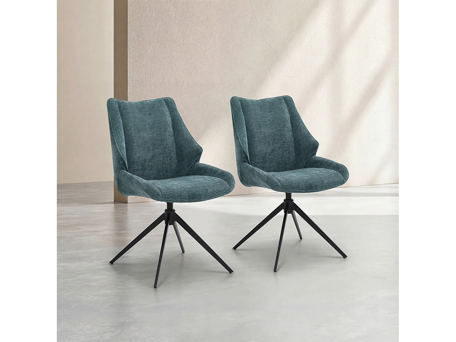 Lot de 2 chaises pivotantes en tissu chenille et métal noir - Bleu canard
