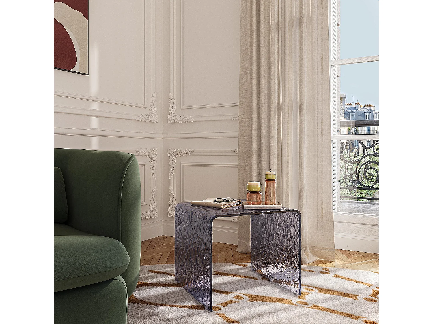Table d'appoint carrée en verre trempé bullé - Gris fumé