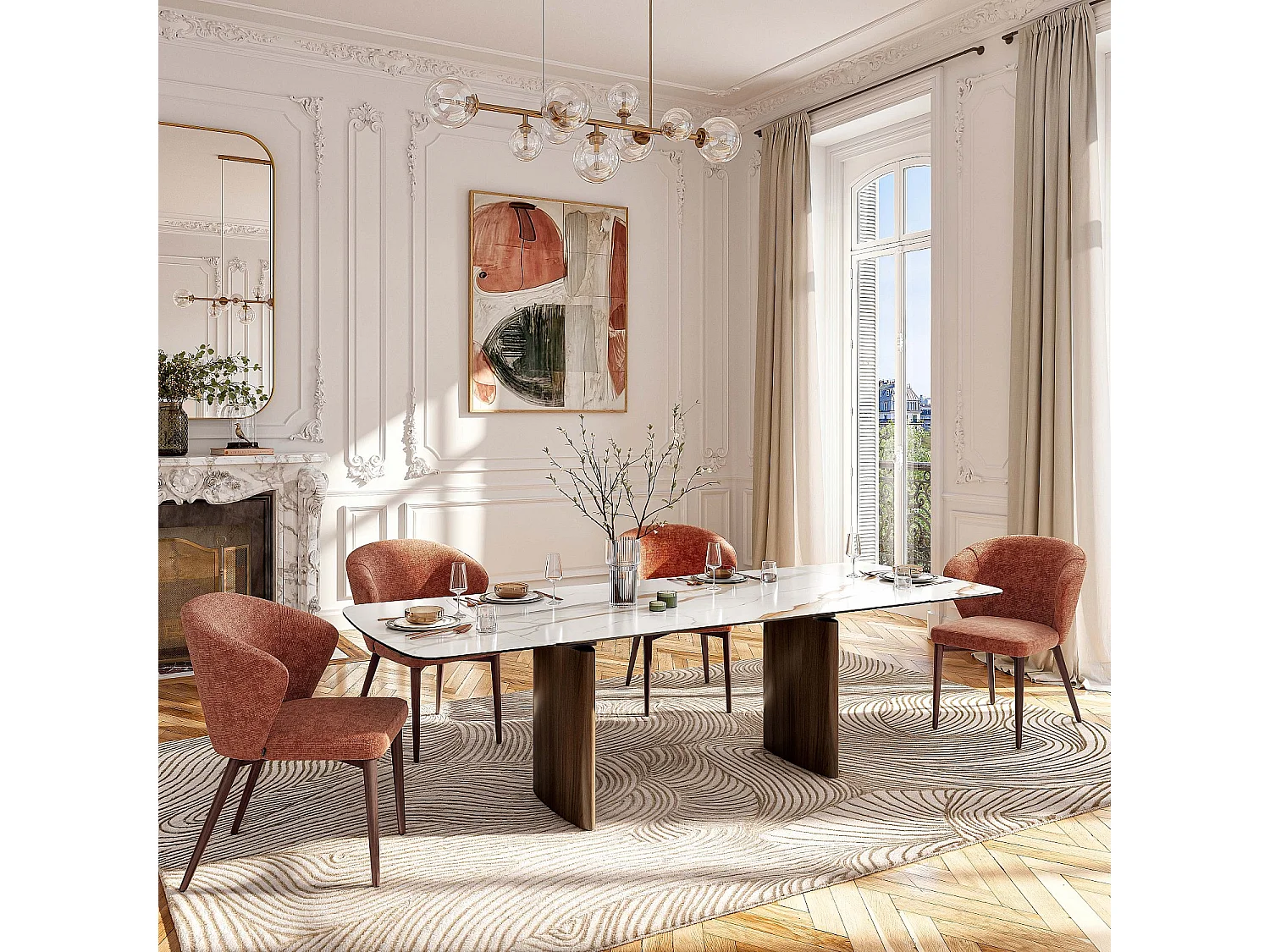 Habitat - Table rectangulaire extensible en céramique et pieds finition noyer - Beige - Fesinos