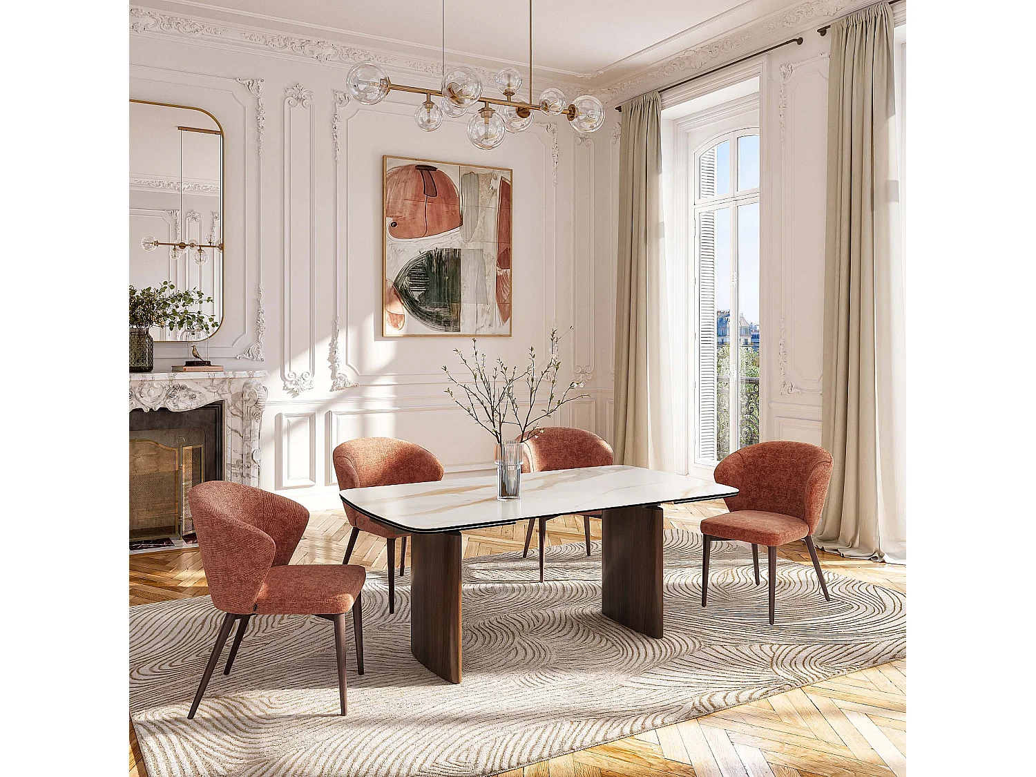 Habitat - Table rectangulaire extensible en céramique et pieds finition noyer - Beige - Fesinos