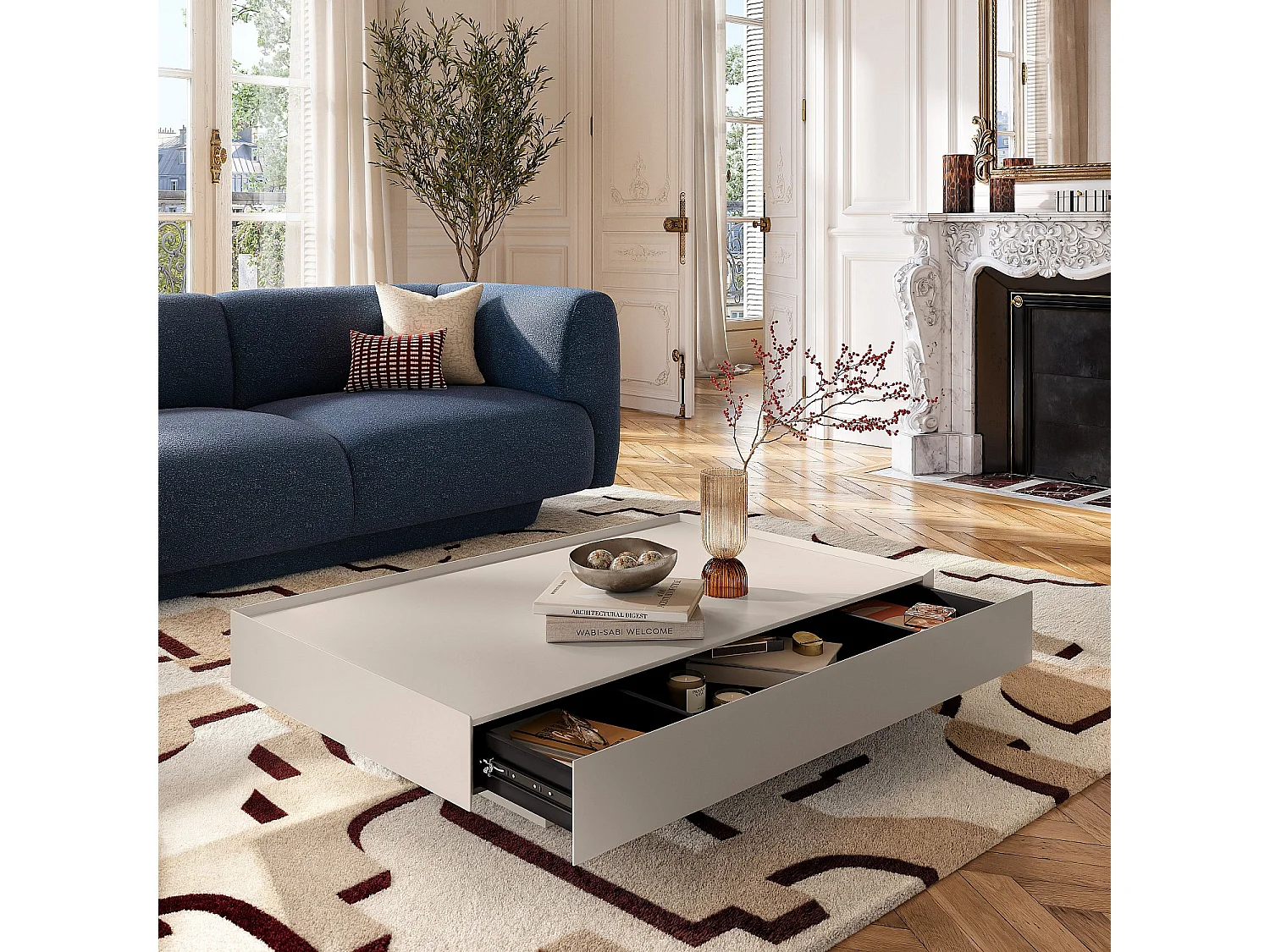 Table basse avec tiroir coulissant - Crème