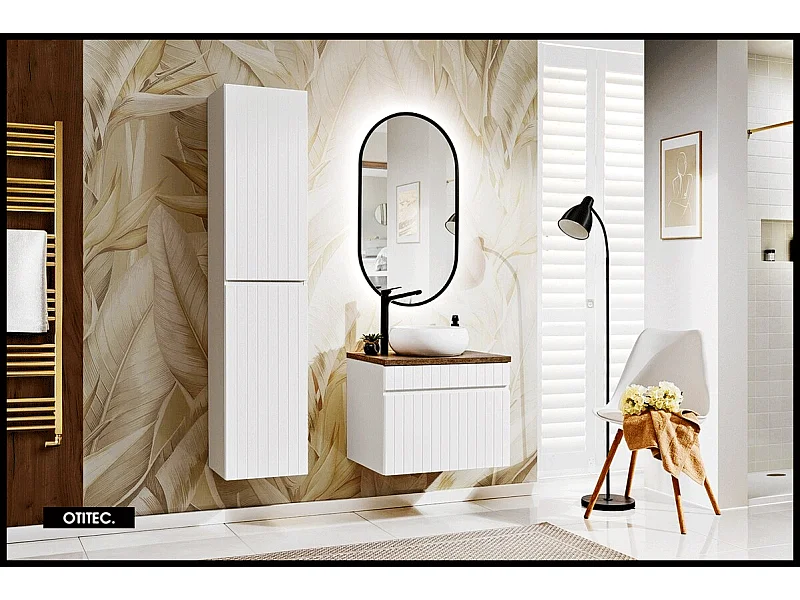 Ensemble de meuble de salle de bain - 60 cm - avec vasque à poser - avec plan - avec colonne et Miroir - 1 tiroir - MINO