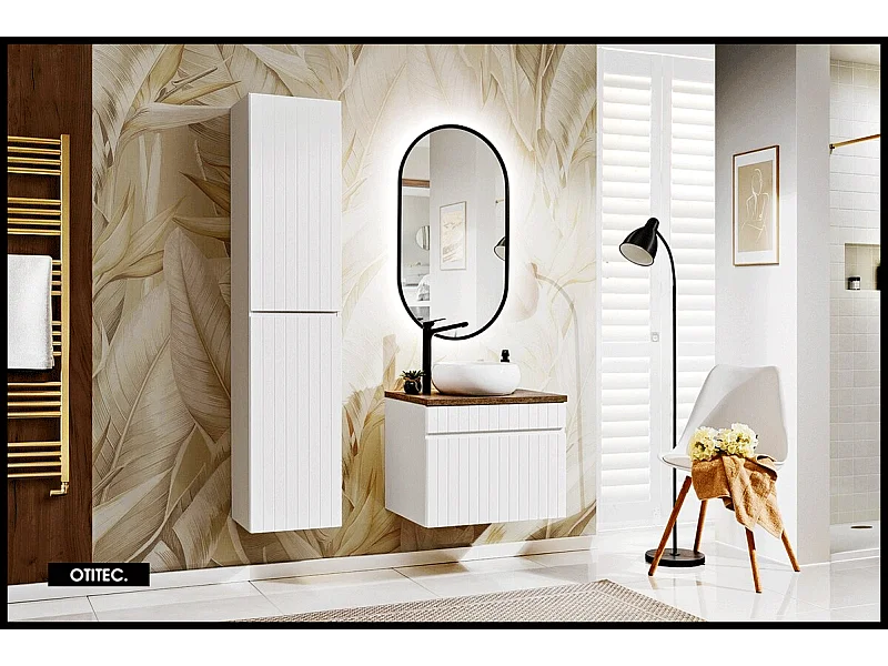 Ensemble de meuble de salle de bain - 60 cm - avec vasque à poser - avec plan - avec colonne et Miroir - 1 tiroir - MINO