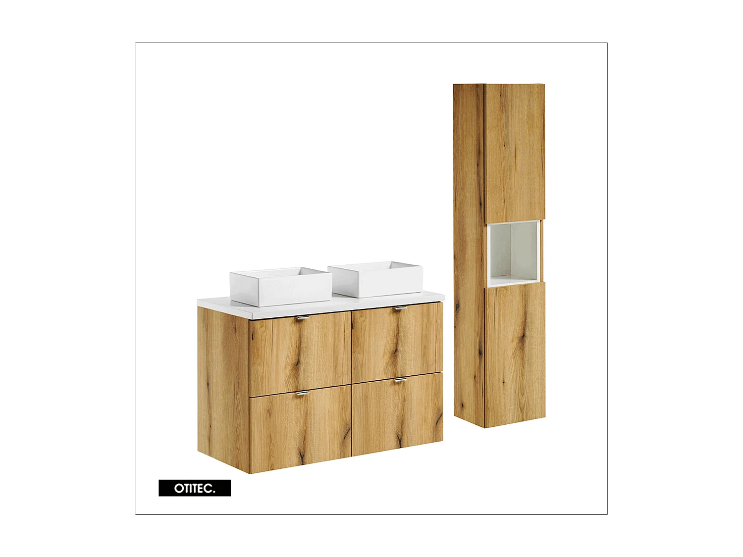 Ensemble de meuble de salle de bain - 100 cm - Oak/Blanc - avec vasque à poser - avec plan - avec colonne - 4 tiroirs - VOLTA Oak