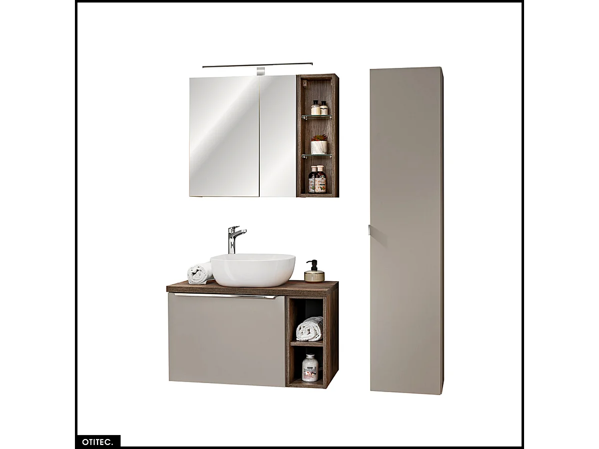 Set de meubles de salle de bain - 80 cm - avec Vasque à poser et Plan - Colonne - Meuble Miroir LED - BOLD TAUPE